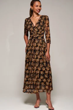 Jolie Moi Occasion Dresses|Floral Dresses-Three Quarter Sleeve Printed Lace Maxi, Black Floral