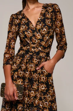 Jolie Moi Occasion Dresses|Floral Dresses-Three Quarter Sleeve Printed Lace Maxi, Black Floral