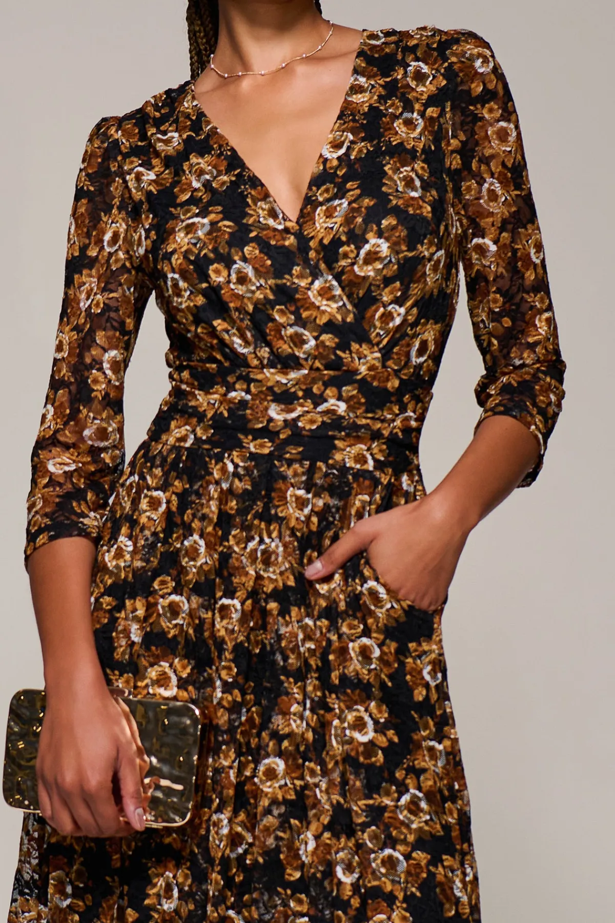 Jolie Moi Occasion Dresses|Floral Dresses-Three Quarter Sleeve Printed Lace Maxi, Black Floral