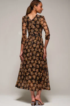 Jolie Moi Occasion Dresses|Floral Dresses-Three Quarter Sleeve Printed Lace Maxi, Black Floral