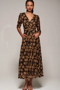 Jolie Moi Occasion Dresses|Floral Dresses-Three Quarter Sleeve Printed Lace Maxi, Black Floral
