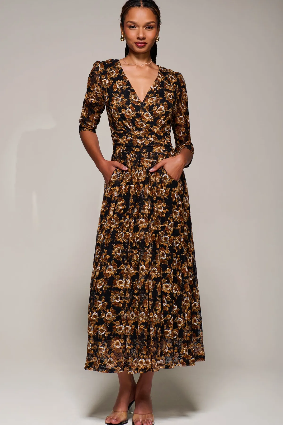 Jolie Moi Occasion Dresses|Floral Dresses-Three Quarter Sleeve Printed Lace Maxi, Black Floral
