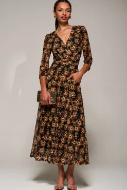 Jolie Moi Occasion Dresses|Floral Dresses-Three Quarter Sleeve Printed Lace Maxi, Black Floral