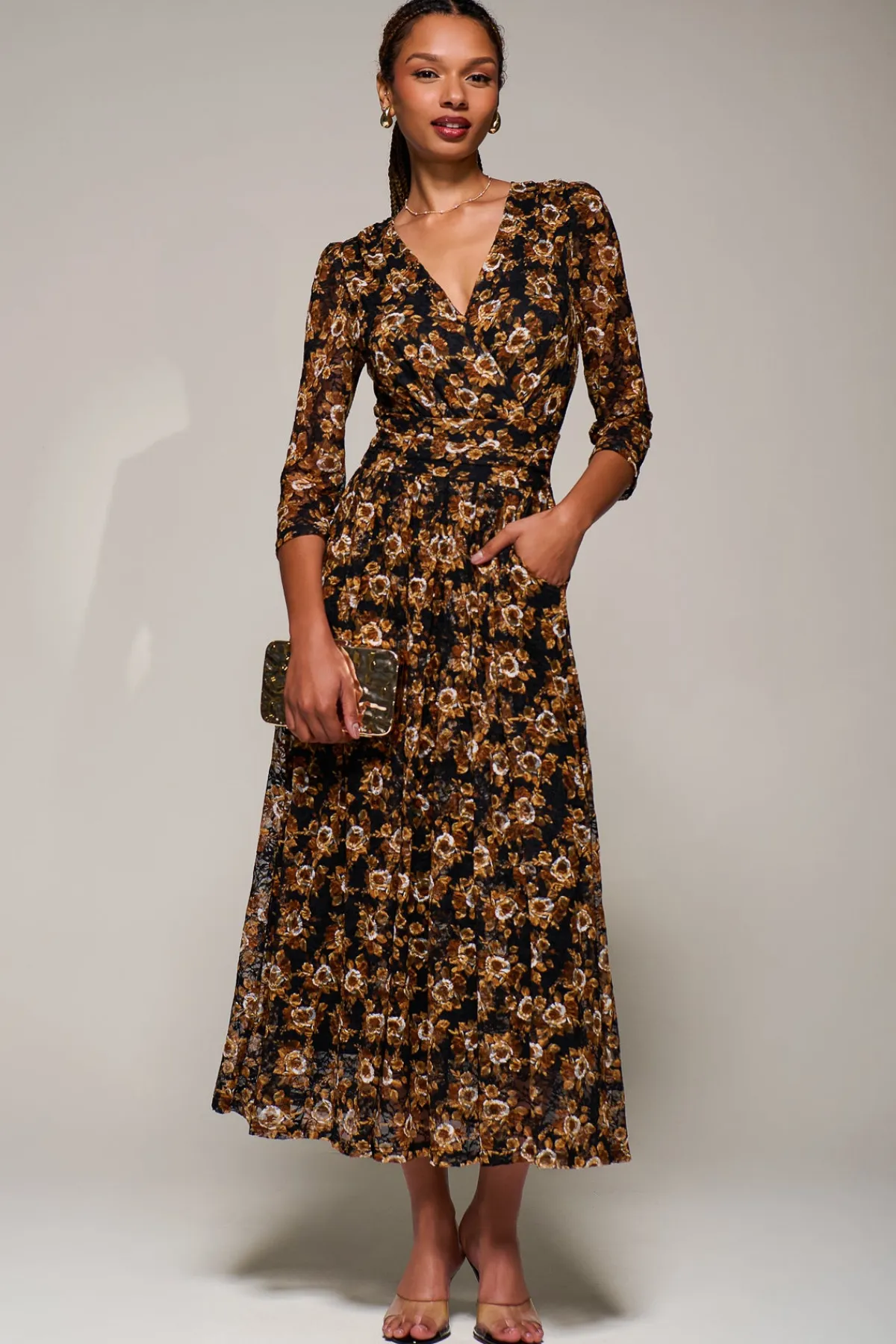 Jolie Moi Occasion Dresses|Floral Dresses-Three Quarter Sleeve Printed Lace Maxi, Black Floral
