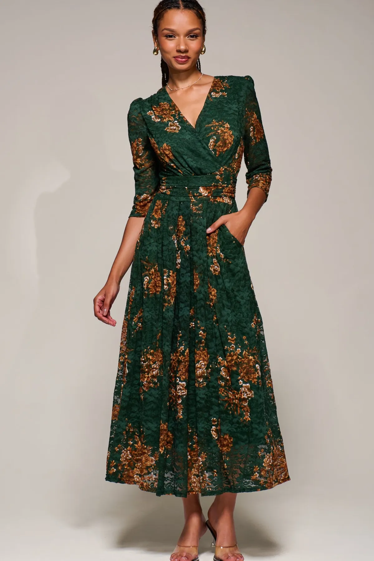 Jolie Moi Occasion Dresses|Floral Dresses-Three Quarter Sleeve Printed Lace Maxi Dress, Green Floral