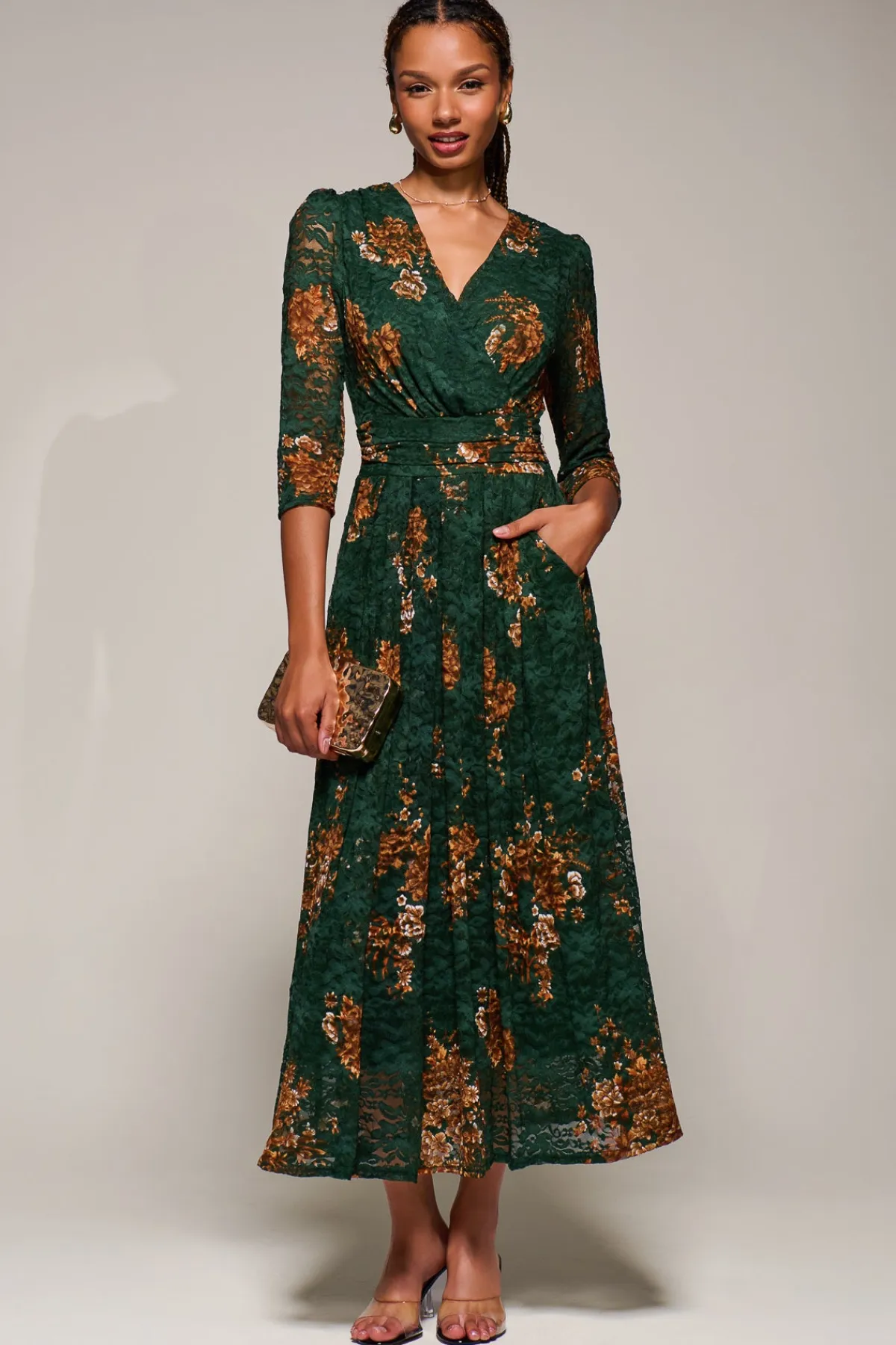 Jolie Moi Occasion Dresses|Floral Dresses-Three Quarter Sleeve Printed Lace Maxi Dress, Green Floral