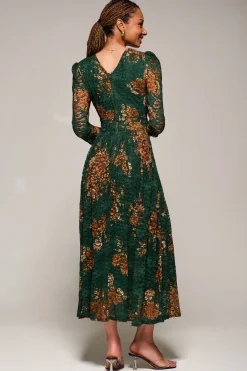 Jolie Moi Occasion Dresses|Floral Dresses-Three Quarter Sleeve Printed Lace Maxi Dress, Green Floral