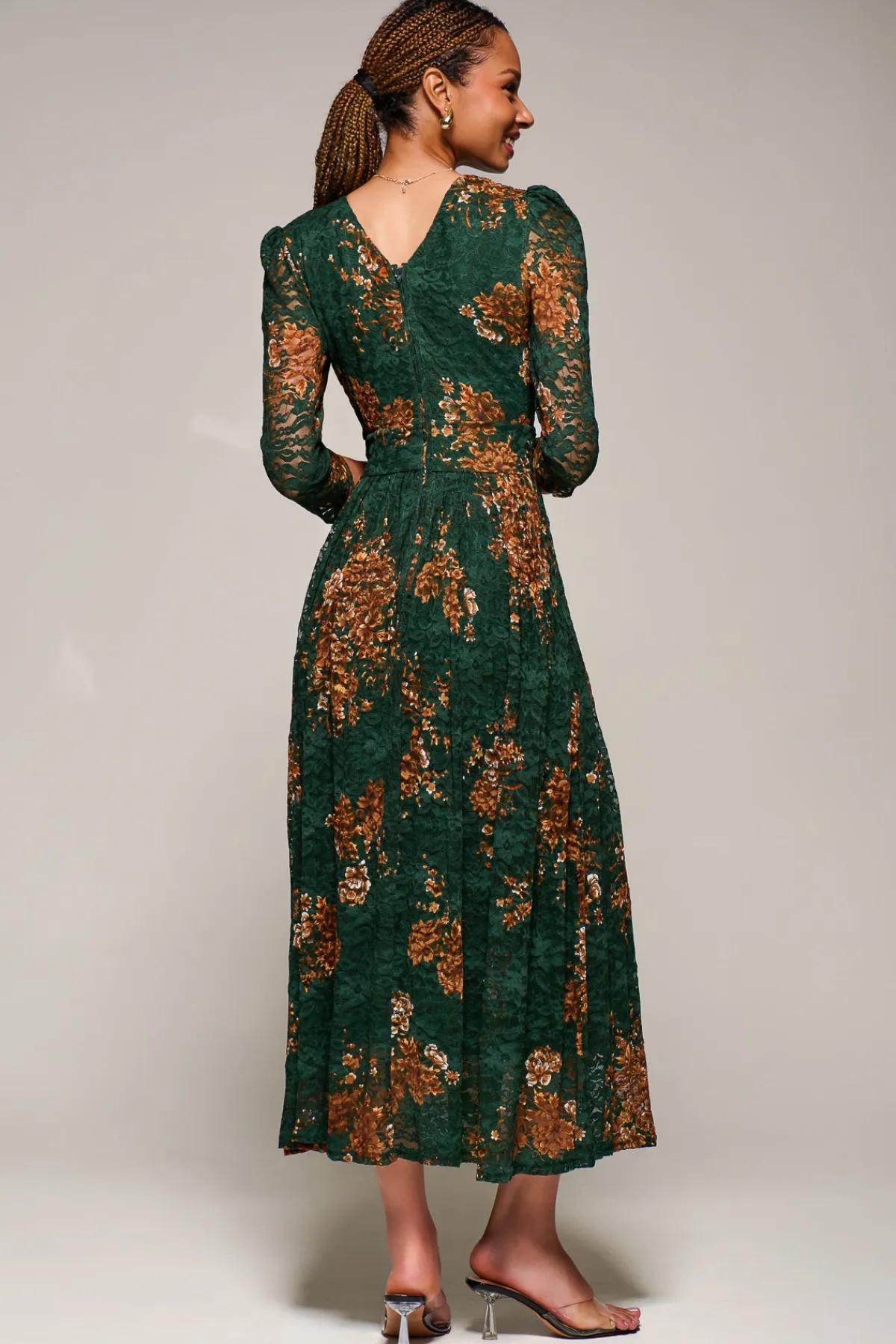 Jolie Moi Occasion Dresses|Floral Dresses-Three Quarter Sleeve Printed Lace Maxi Dress, Green Floral
