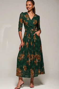 Jolie Moi Occasion Dresses|Floral Dresses-Three Quarter Sleeve Printed Lace Maxi Dress, Green Floral