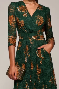 Jolie Moi Occasion Dresses|Floral Dresses-Three Quarter Sleeve Printed Lace Maxi Dress, Green Floral