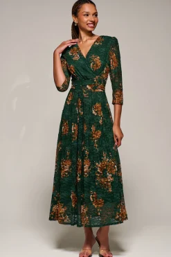 Jolie Moi Occasion Dresses|Floral Dresses-Three Quarter Sleeve Printed Lace Maxi Dress, Green Floral
