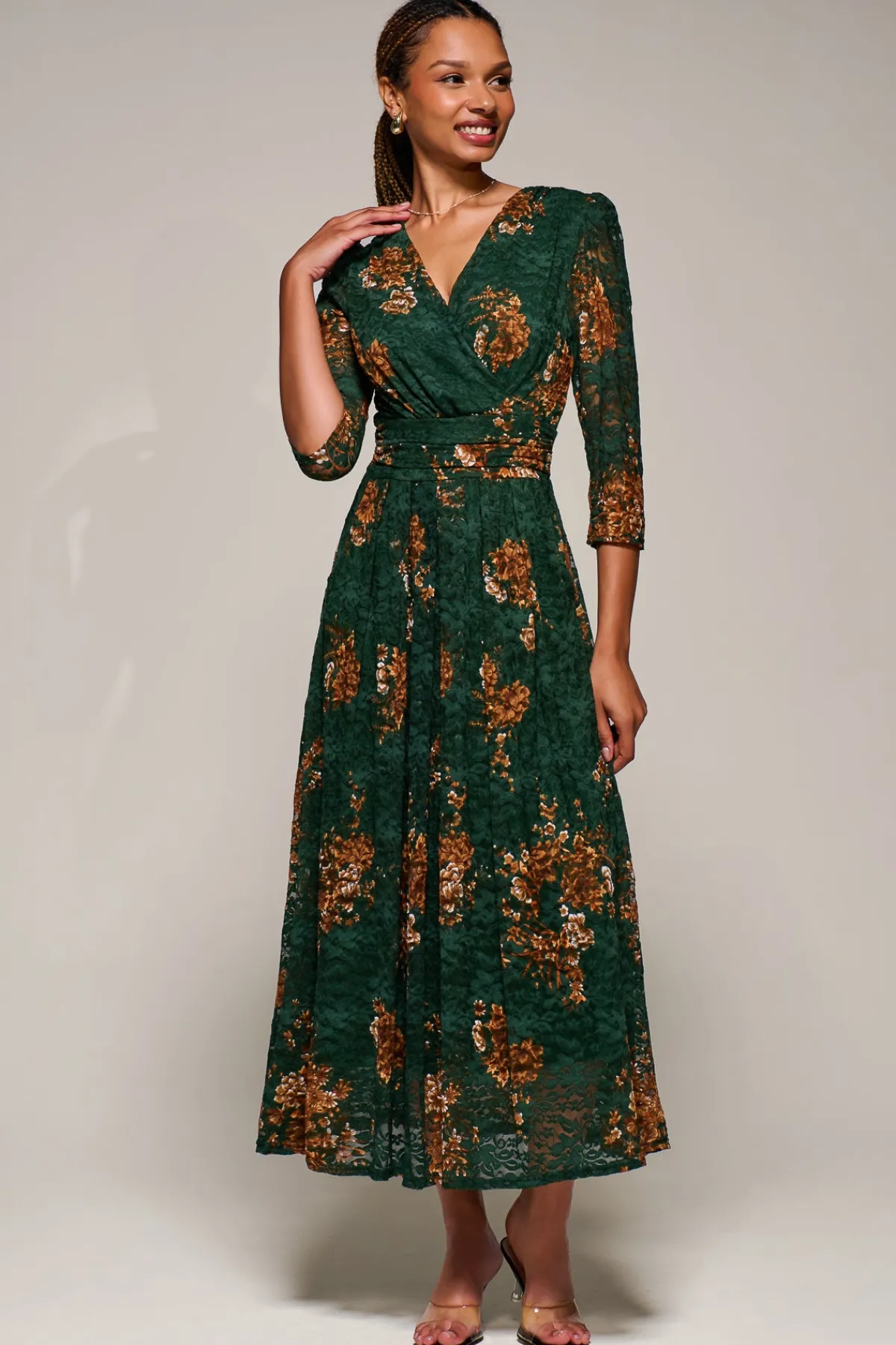Jolie Moi Occasion Dresses|Floral Dresses-Three Quarter Sleeve Printed Lace Maxi Dress, Green Floral