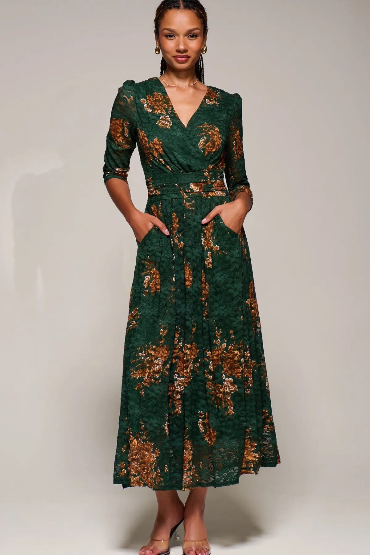 Jolie Moi Occasion Dresses|Floral Dresses-Three Quarter Sleeve Printed Lace Maxi Dress, Green Floral