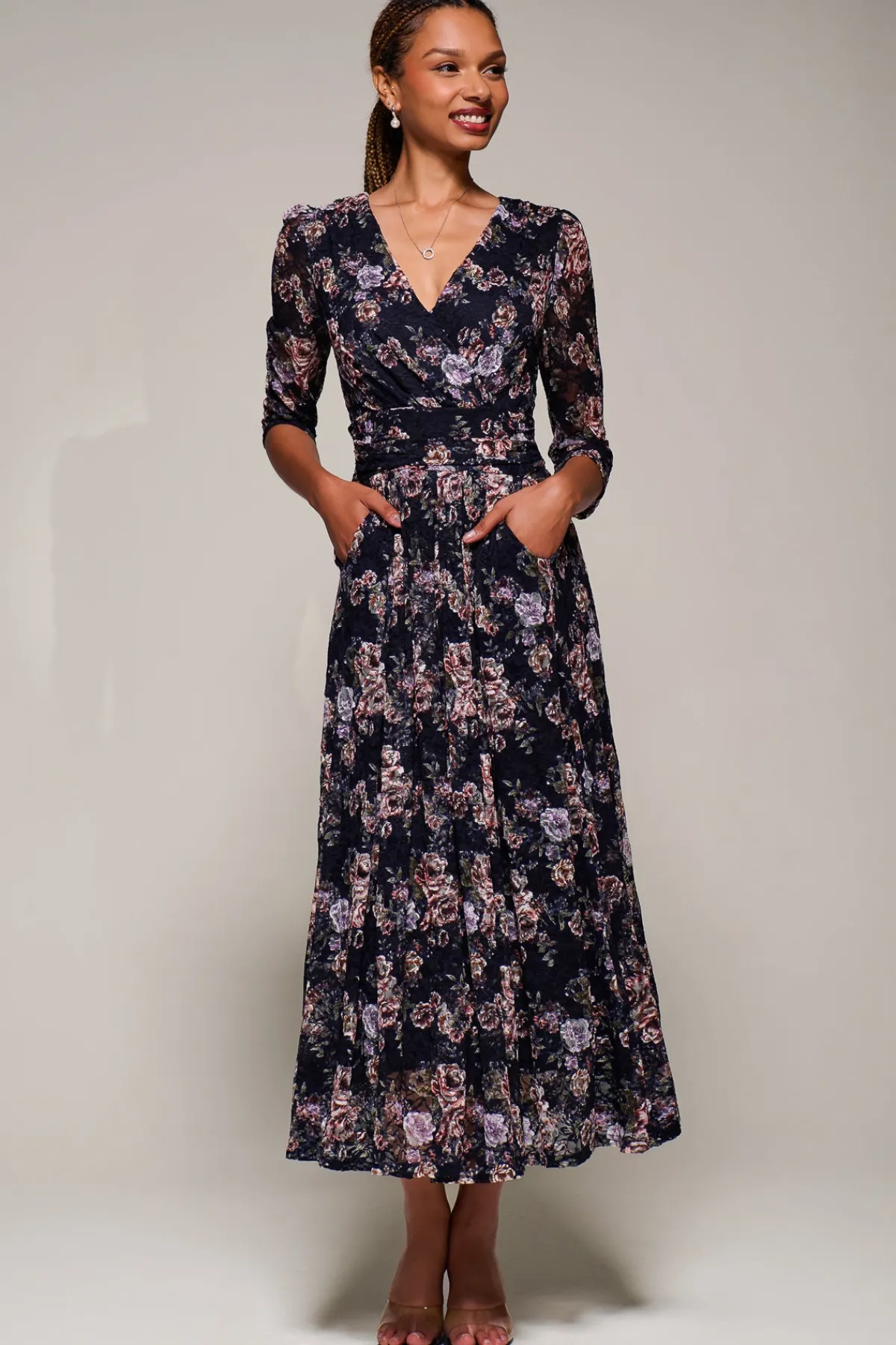 Jolie Moi Occasion Dresses|Floral Dresses-Three Quarter Sleeve Printed Lace Maxi, Navy Floral