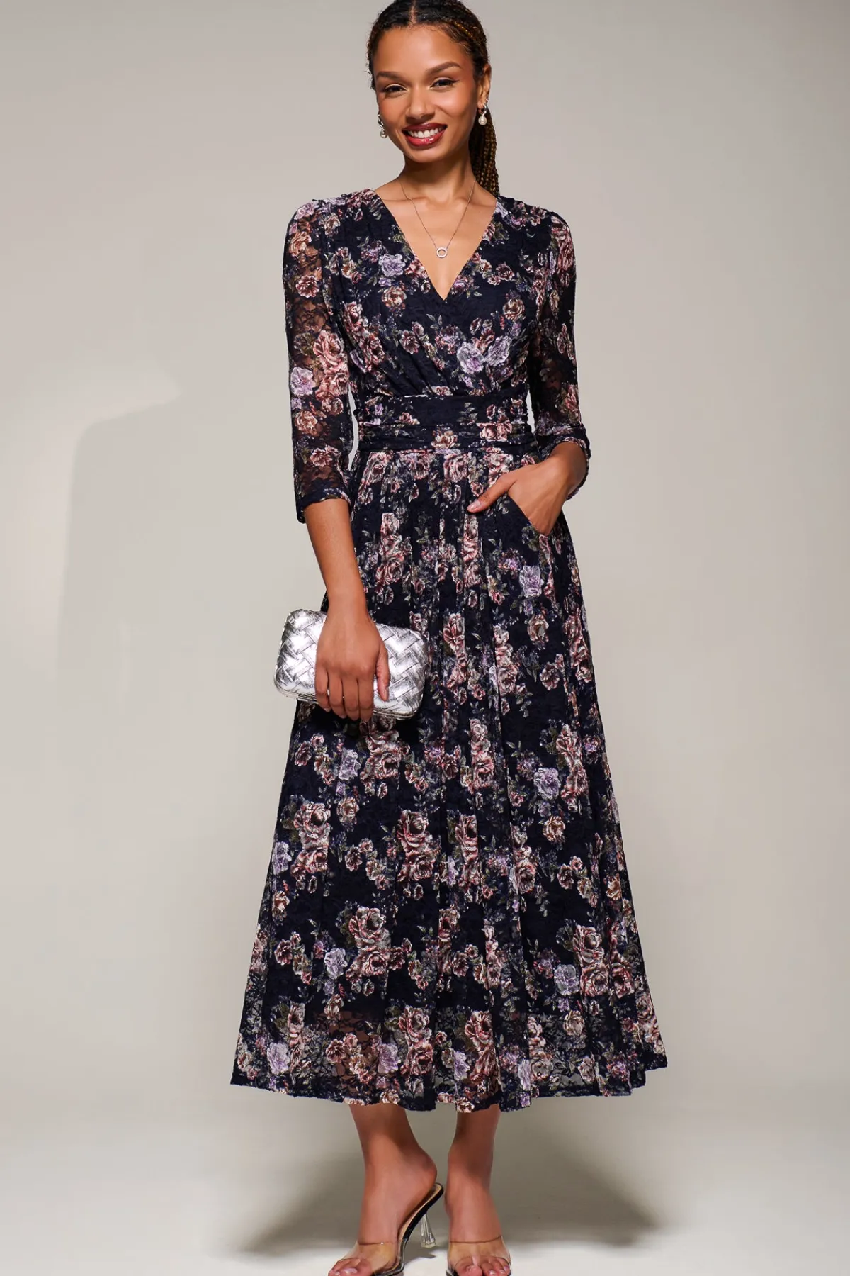 Jolie Moi Occasion Dresses|Floral Dresses-Three Quarter Sleeve Printed Lace Maxi, Navy Floral