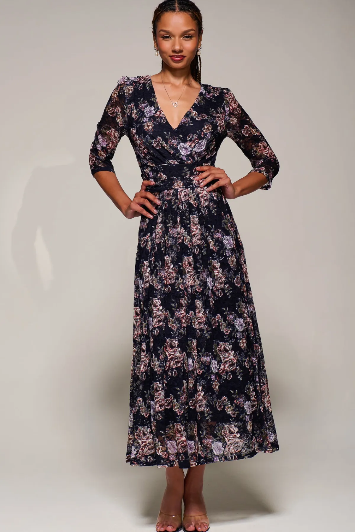 Jolie Moi Occasion Dresses|Floral Dresses-Three Quarter Sleeve Printed Lace Maxi, Navy Floral