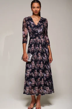 Jolie Moi Occasion Dresses|Floral Dresses-Three Quarter Sleeve Printed Lace Maxi, Navy Floral
