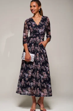 Jolie Moi Occasion Dresses|Floral Dresses-Three Quarter Sleeve Printed Lace Maxi, Navy Floral