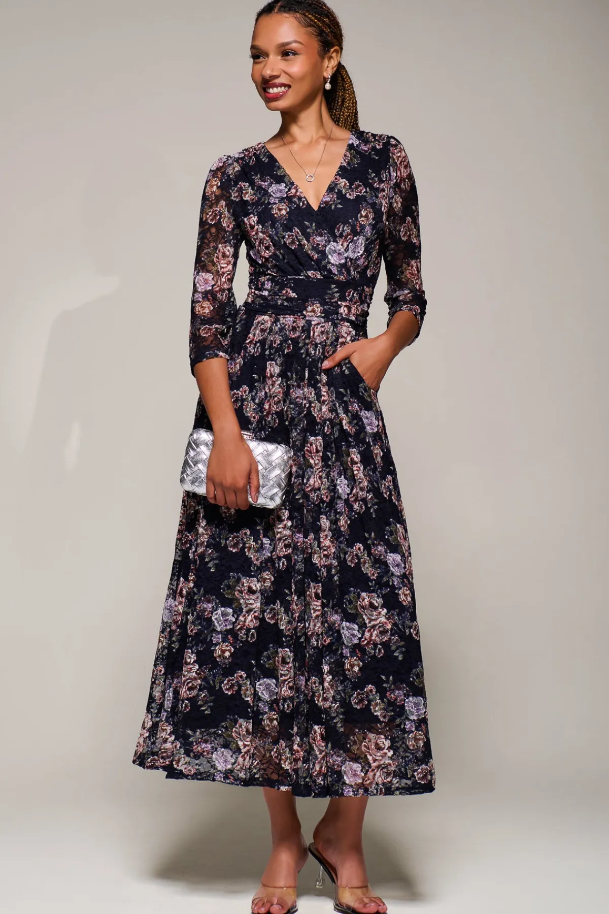 Jolie Moi Occasion Dresses|Floral Dresses-Three Quarter Sleeve Printed Lace Maxi, Navy Floral