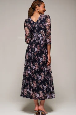 Jolie Moi Occasion Dresses|Floral Dresses-Three Quarter Sleeve Printed Lace Maxi, Navy Floral