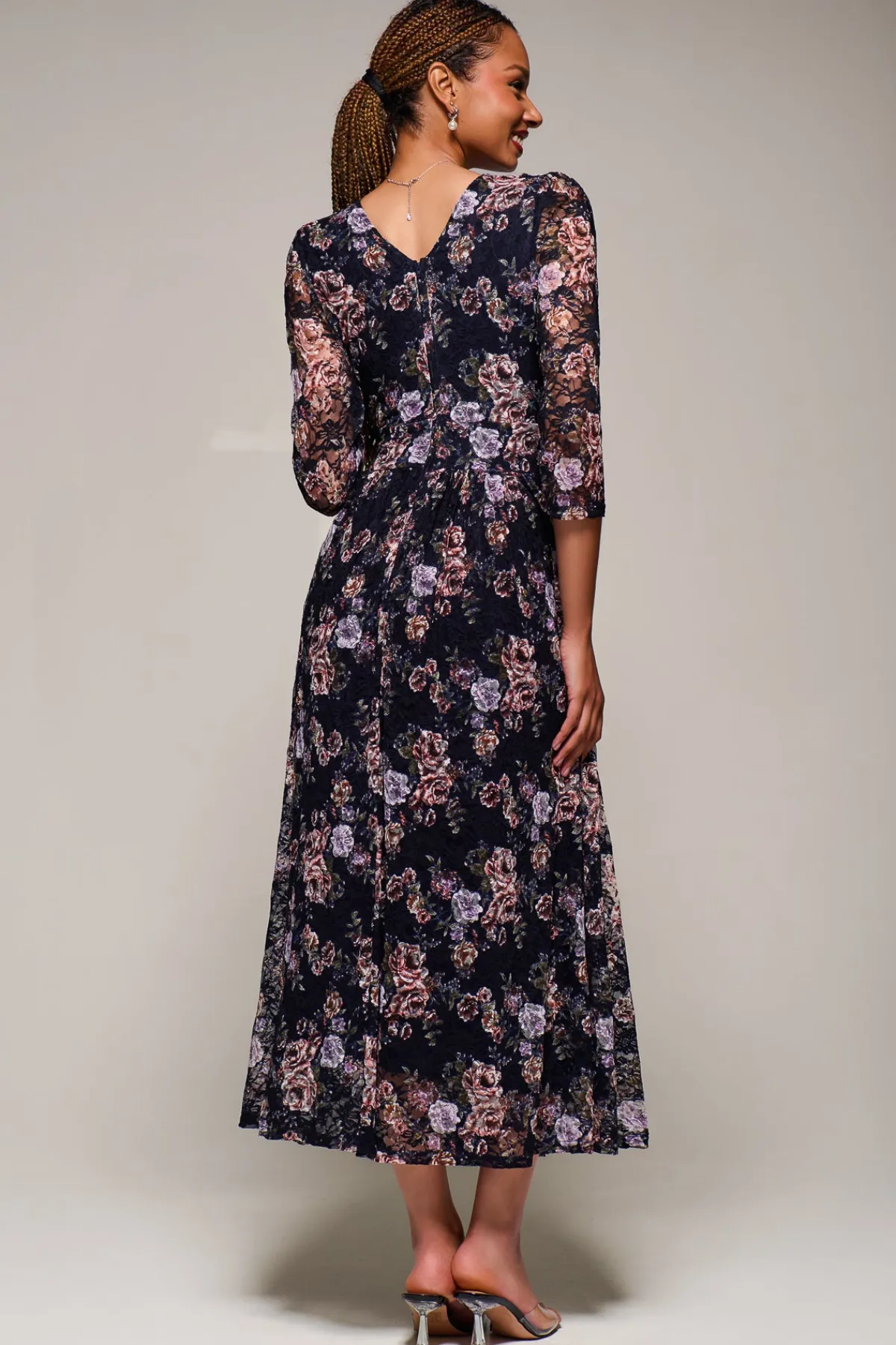 Jolie Moi Occasion Dresses|Floral Dresses-Three Quarter Sleeve Printed Lace Maxi, Navy Floral