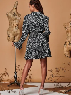 Jolie Moi Occasion Dresses|Shirt Dresses-Tie Cuff Flare Hem Shirt Dress, Black Floral