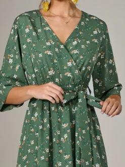 Jolie Moi Occasion Dresses|Midi Dresses-Tie Front Half Sleeve Midi Dress, Green Floral