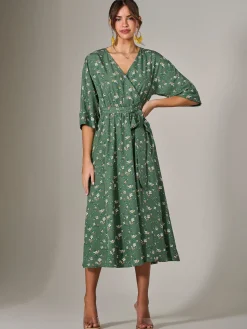 Jolie Moi Occasion Dresses|Midi Dresses-Tie Front Half Sleeve Midi Dress, Green Floral