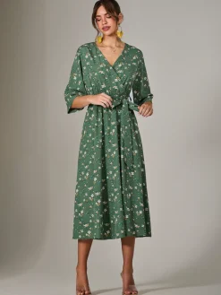 Jolie Moi Occasion Dresses|Midi Dresses-Tie Front Half Sleeve Midi Dress, Green Floral