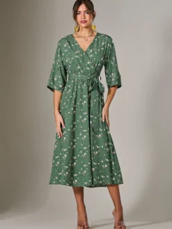 Jolie Moi Occasion Dresses|Midi Dresses-Tie Front Half Sleeve Midi Dress, Green Floral