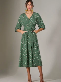 Jolie Moi Occasion Dresses|Midi Dresses-Tie Front Half Sleeve Midi Dress, Green Floral