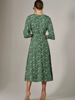 Jolie Moi Occasion Dresses|Midi Dresses-Tie Front Half Sleeve Midi Dress, Green Floral