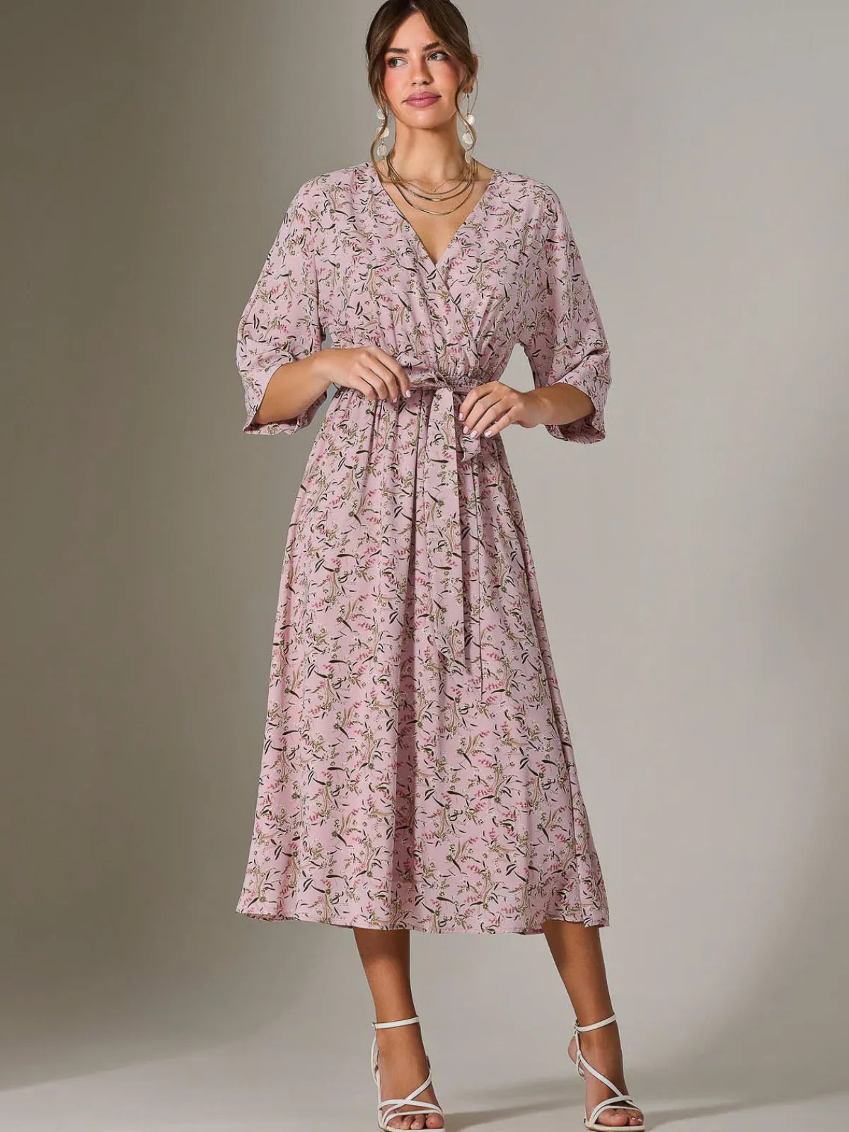 Jolie Moi Occasion Dresses|Floral Dresses-Tie Front Half Sleeve Midi Dress, Pink Floral