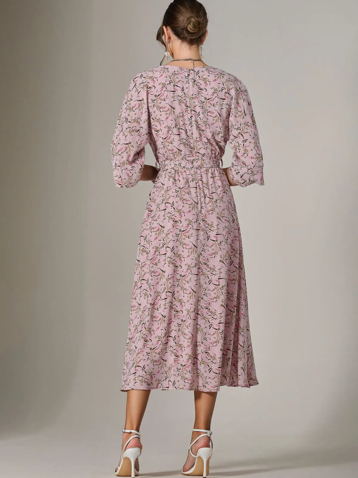 Jolie Moi Occasion Dresses|Floral Dresses-Tie Front Half Sleeve Midi Dress, Pink Floral