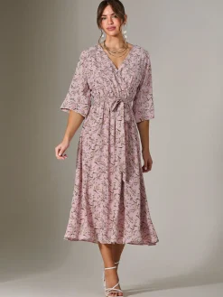 Jolie Moi Occasion Dresses|Floral Dresses-Tie Front Half Sleeve Midi Dress, Pink Floral