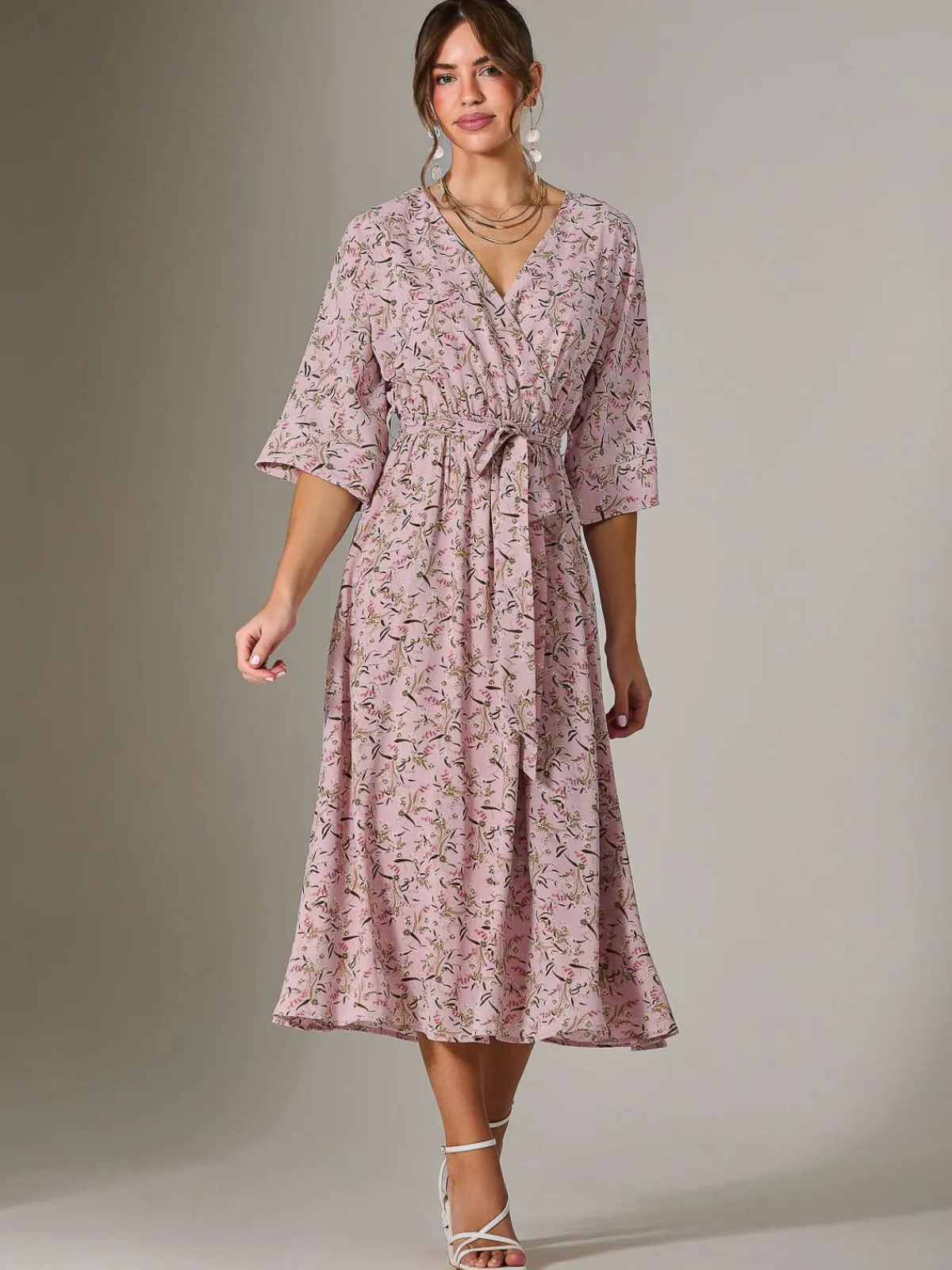 Jolie Moi Occasion Dresses|Floral Dresses-Tie Front Half Sleeve Midi Dress, Pink Floral