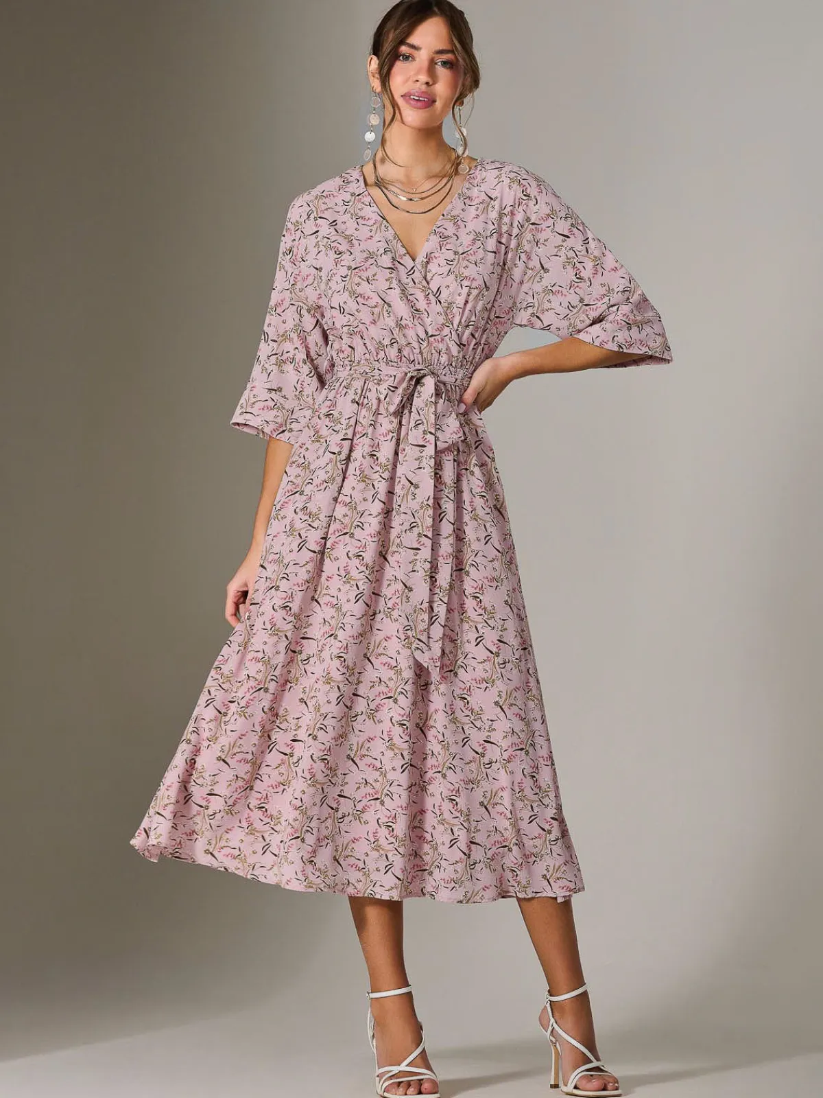 Jolie Moi Occasion Dresses|Floral Dresses-Tie Front Half Sleeve Midi Dress, Pink Floral