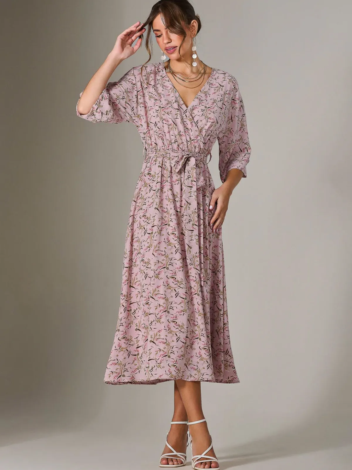 Jolie Moi Occasion Dresses|Floral Dresses-Tie Front Half Sleeve Midi Dress, Pink Floral