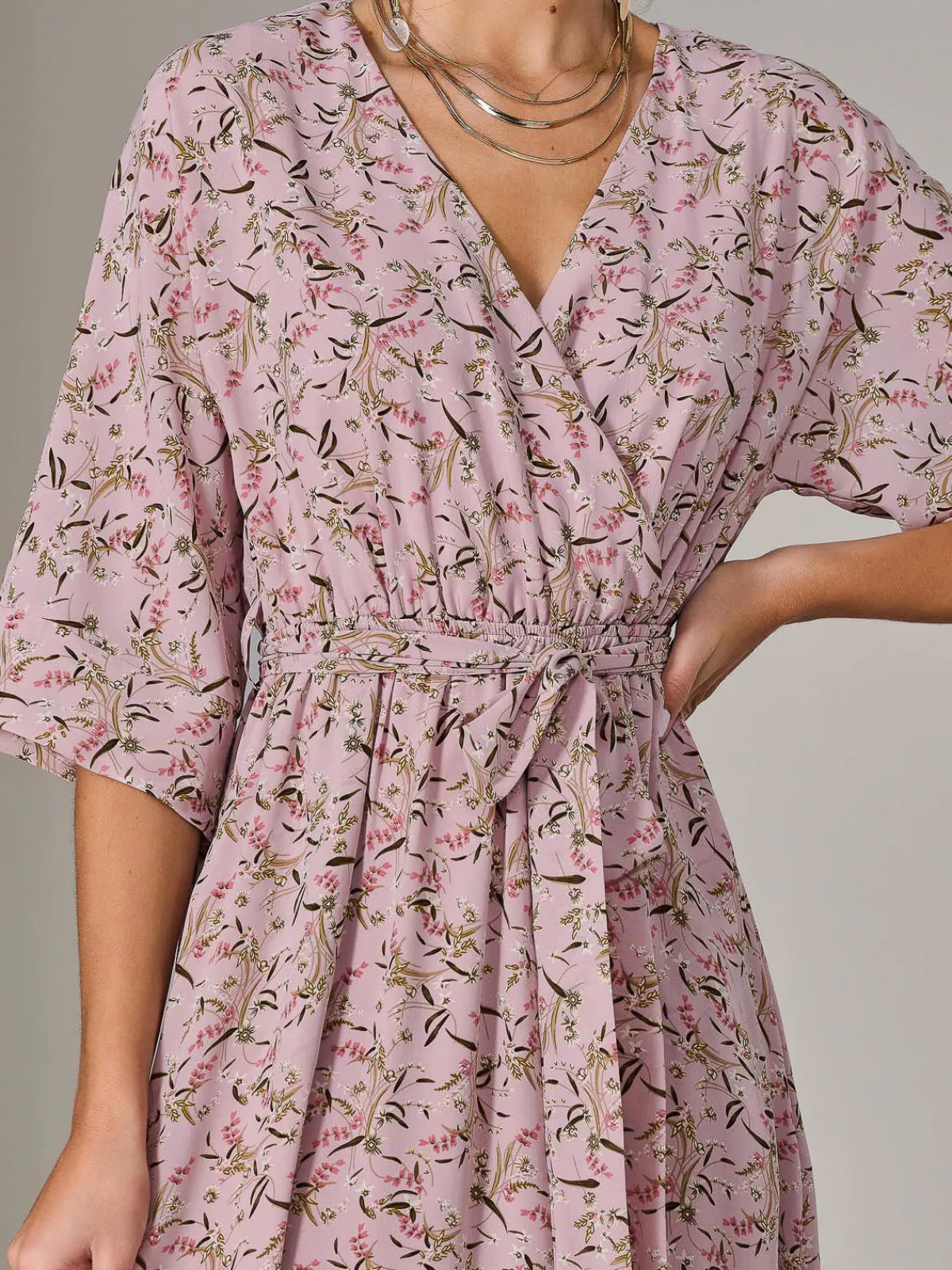 Jolie Moi Occasion Dresses|Floral Dresses-Tie Front Half Sleeve Midi Dress, Pink Floral