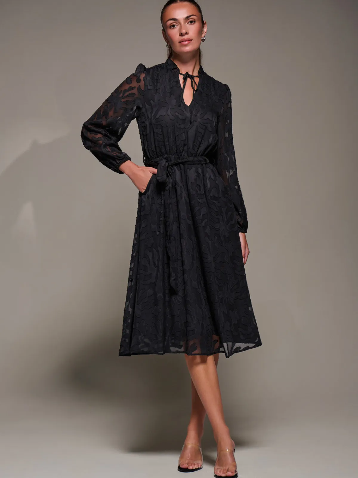 Jolie Moi Occasion Dresses|Midi Dresses-Tie Neck Chiffon Midi Dress, Black