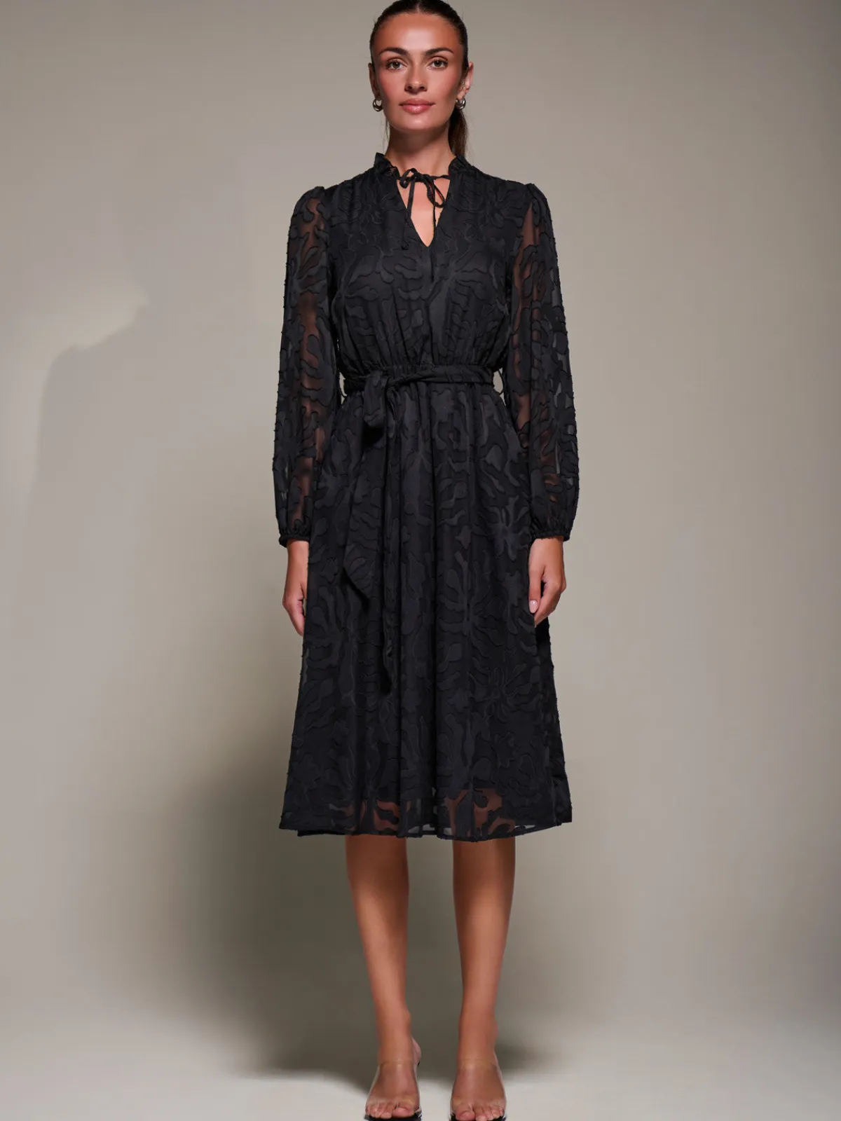 Jolie Moi Occasion Dresses|Midi Dresses-Tie Neck Chiffon Midi Dress, Black