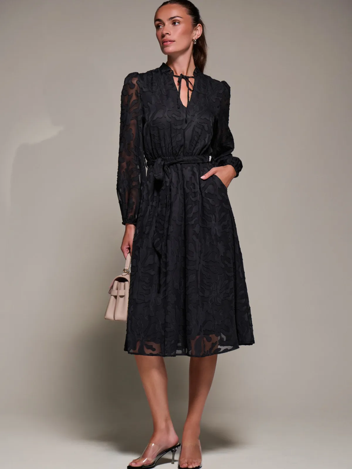 Jolie Moi Occasion Dresses|Midi Dresses-Tie Neck Chiffon Midi Dress, Black