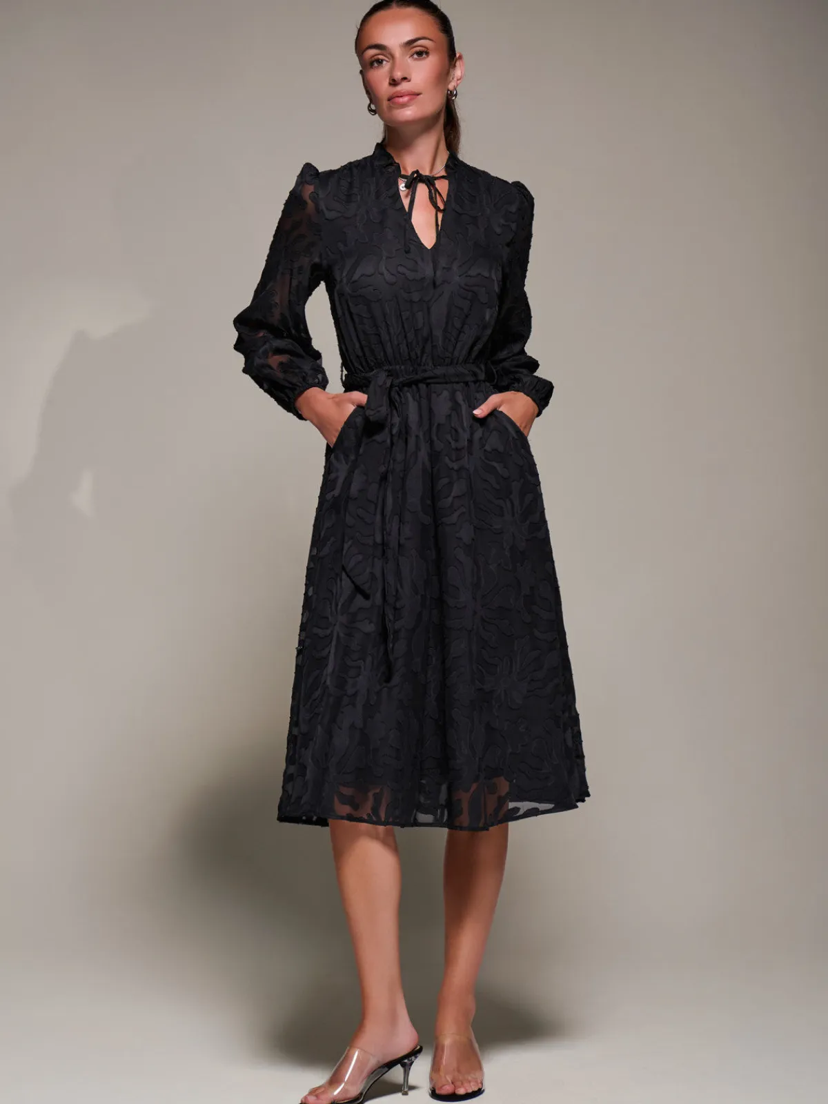 Jolie Moi Occasion Dresses|Midi Dresses-Tie Neck Chiffon Midi Dress, Black