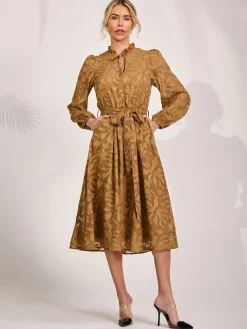 Jolie Moi Occasion Dresses|Midi Dresses-Tie Neck Chiffon Midi Dress, Brown