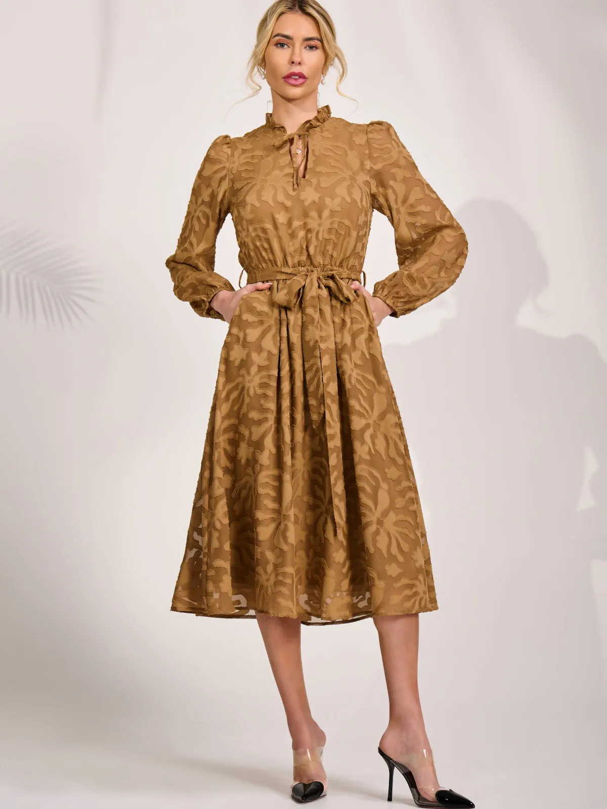 Jolie Moi Occasion Dresses|Midi Dresses-Tie Neck Chiffon Midi Dress, Brown