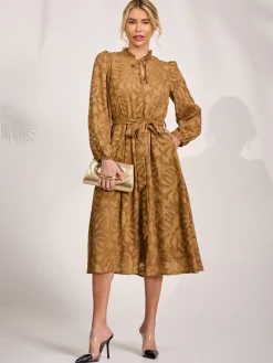 Jolie Moi Occasion Dresses|Midi Dresses-Tie Neck Chiffon Midi Dress, Brown