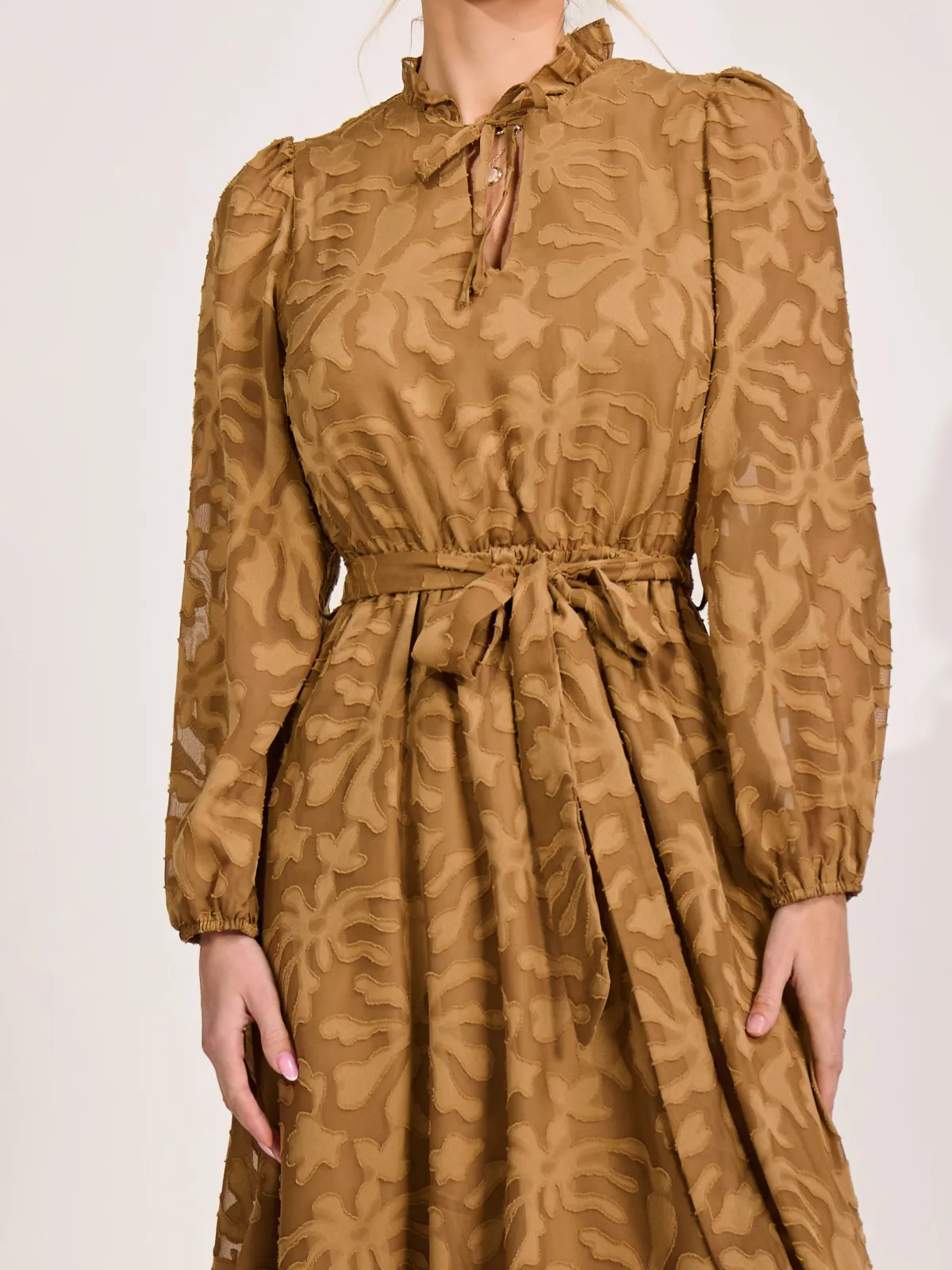 Jolie Moi Occasion Dresses|Midi Dresses-Tie Neck Chiffon Midi Dress, Brown