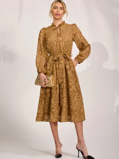 Jolie Moi Occasion Dresses|Midi Dresses-Tie Neck Chiffon Midi Dress, Brown