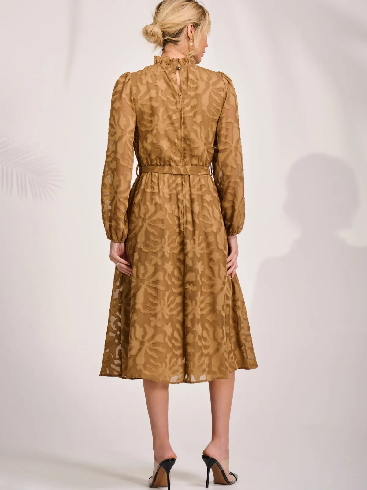 Jolie Moi Occasion Dresses|Midi Dresses-Tie Neck Chiffon Midi Dress, Brown