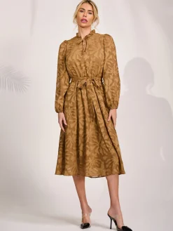 Jolie Moi Occasion Dresses|Midi Dresses-Tie Neck Chiffon Midi Dress, Brown
